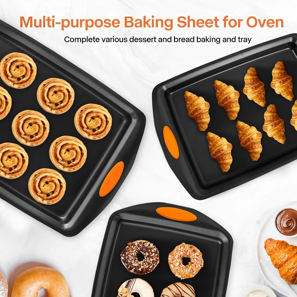 Nonstick Baking Sheet Set with Silicone Handles, Carbon Steel Cookie Sheet Pan Set in Assorted Sizes
