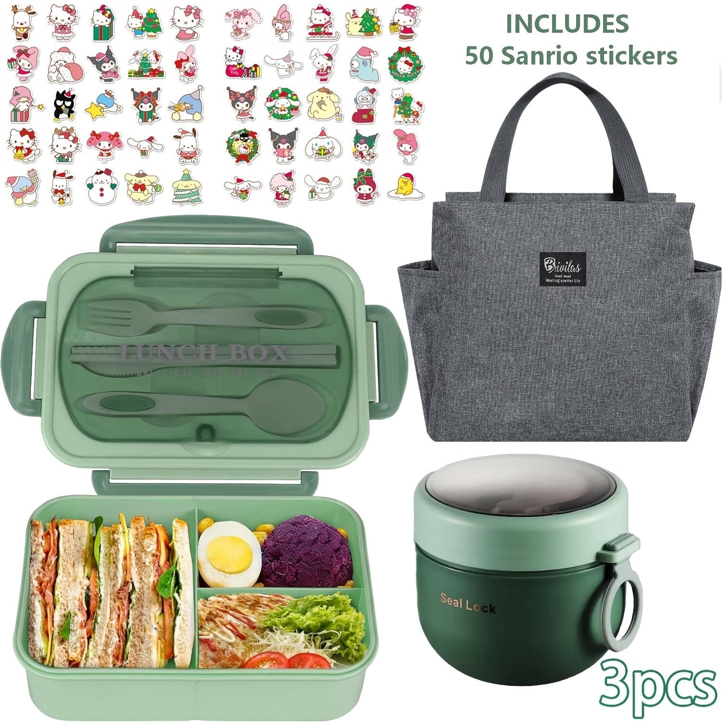 Sanrio Lunch Box Set 53pcs Bento Box with Thermal Bag Breakfast Cup Portable Sealed Compartment Microwave for Work Picnic School