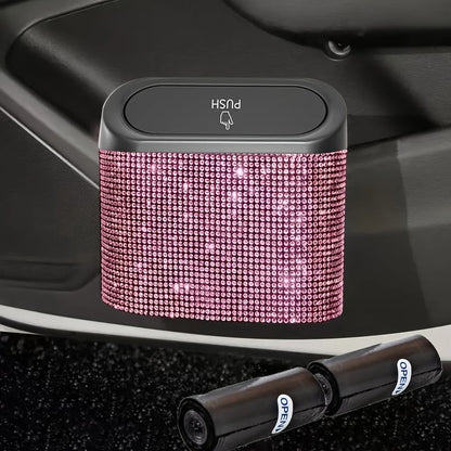 Rhinestone Push-Lid Car Trash Bin with Two Liner Bags, Black or Silver Finish and 16 cm Width