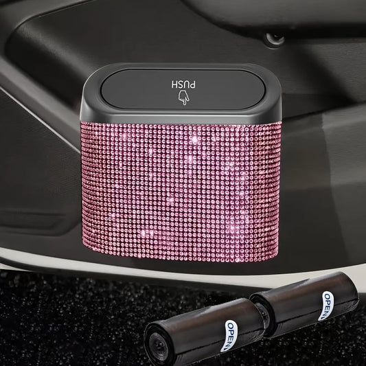 Rhinestone Push-Lid Car Trash Bin with Two Liner Bags, Black or Silver Finish and 16 cm Width