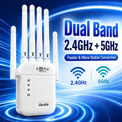 WiFi Range Extender Ourlife 1300Mbps Dual-Band 2.4/5GHz with Six Antennas and Five Color Configurations