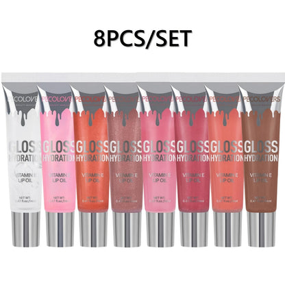 Pearlescent Glitter Lip Gloss Set 8 Pieces with Lip Oil Formula, for Makeup, Travel and Everyday Vanity Use