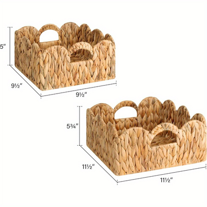 Scalloped Wicker Storage Baskets Set of 2 with Handles in Water Hyacinth or Seagrass Weave