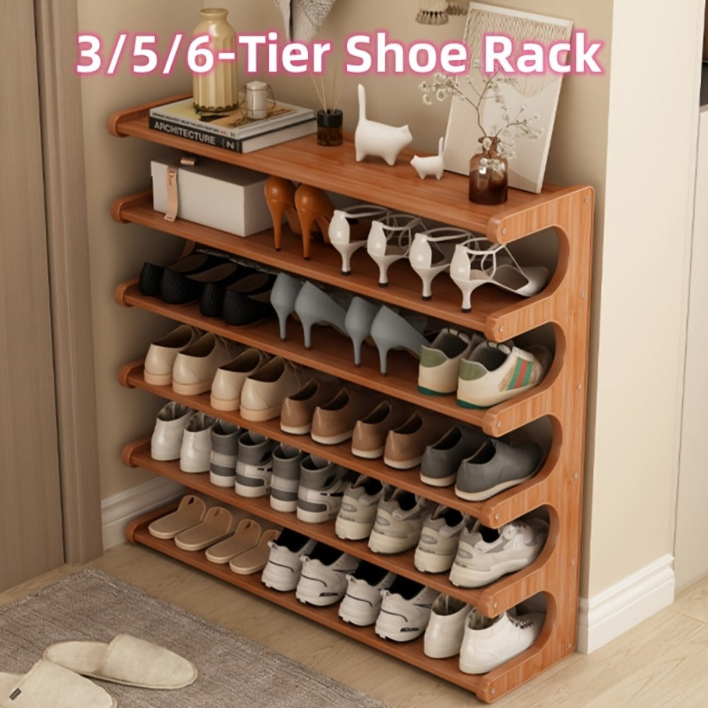Shoe Rack Wood-Grain Freestanding Organizer with 3-Tier, 5-Tier or 6-Tier Brown Height Options