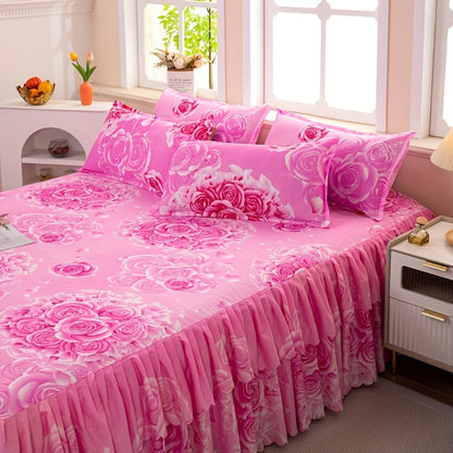 Floral Bed Skirt Set 3-Piece, 1 Ruffled Dust Ruffle Bed Skirt + 2 Pillowcases, Peony & Botanical Print