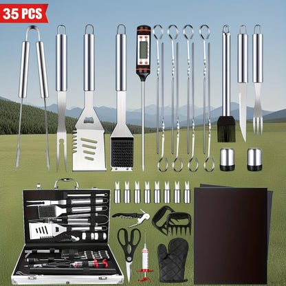 Thirty-Five-Piece BBQ Grill Tool Kit with Thermometer, Two Grill Mats, Heat Glove and Carry Case
