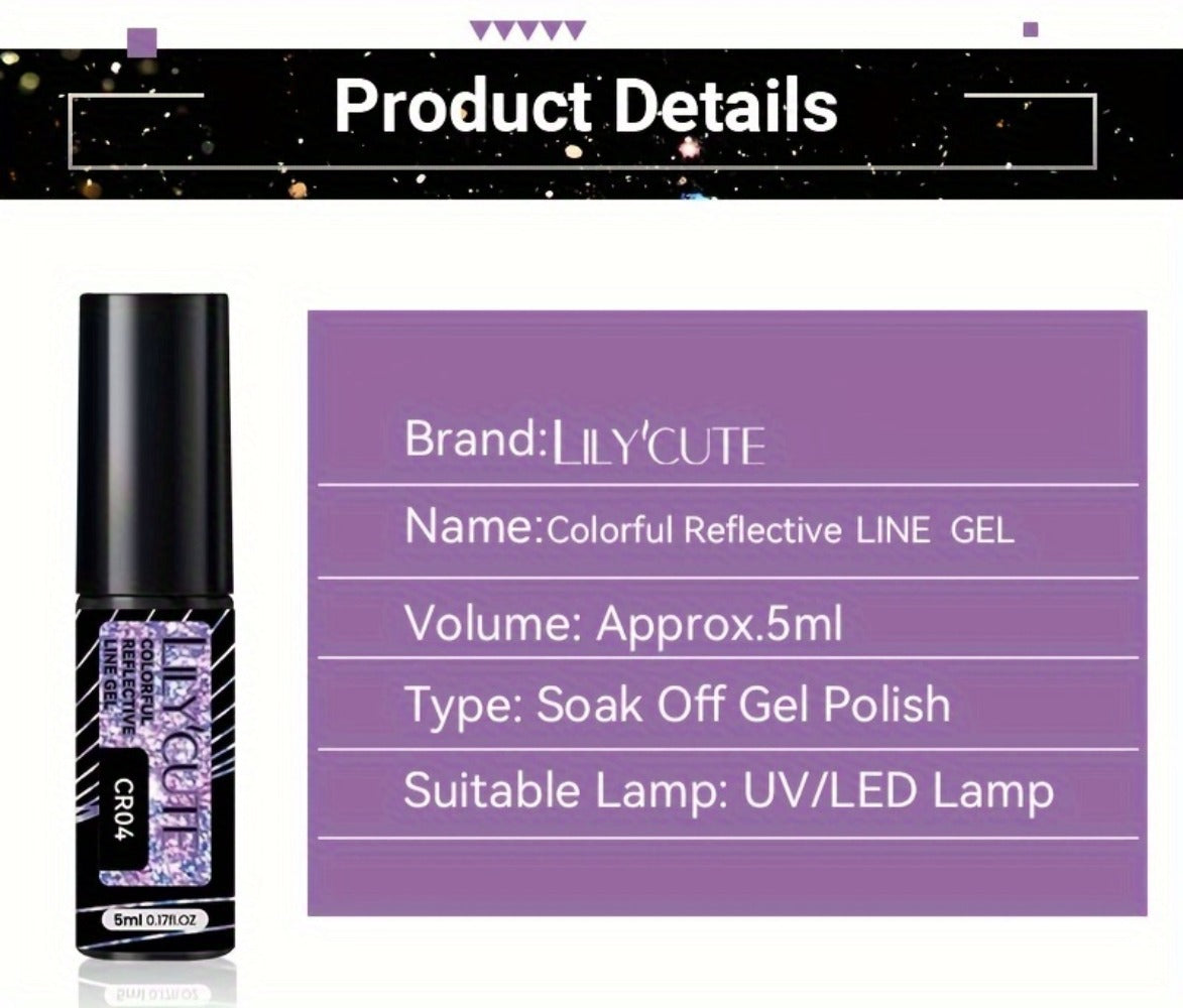 Reflective Liner Nail Art Gel Six-Bottle Set with 5ml CR01 to CR06 Colors and Slim Brushes for Detail Lines