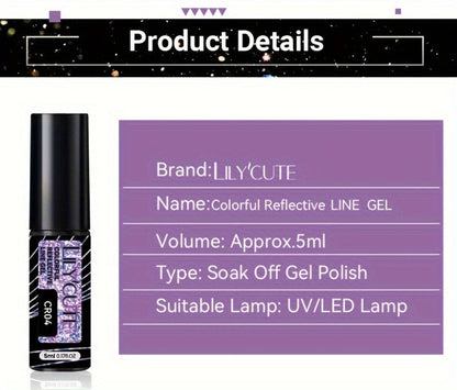 Reflective Liner Nail Art Gel Six-Bottle Set with 5ml CR01 to CR06 Colors and Slim Brushes for Detail Lines