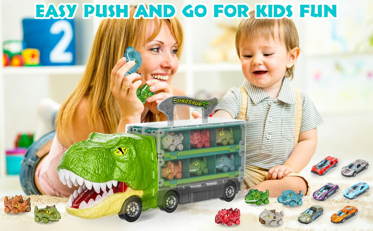 Dinosaur Truck Toys 13-in-1 Transport Carrier with 63-Inch Foldable Race Track, 6 Dino Cars + 6 Die-Cast Cars