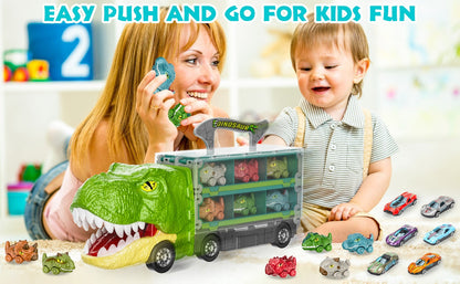 Dinosaur Truck Toys 13-in-1 Transport Carrier with 63-Inch Foldable Race Track, 6 Dino Cars + 6 Die-Cast Cars