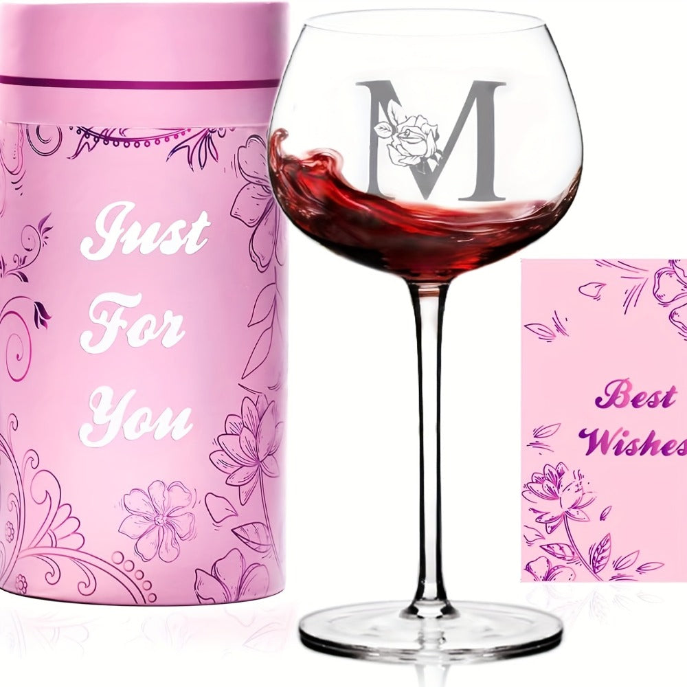 Personalized Wine Glass Gift for Women – A-Z Initial Letter Monogrammed Wine Glass with Gift Box & Greeting Card – Unique Birthday