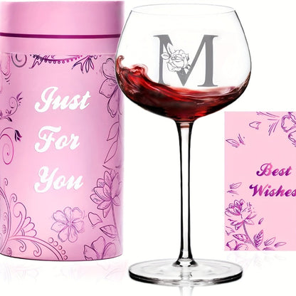 Personalized Wine Glass Gift for Women – A-Z Initial Letter Monogrammed Wine Glass with Gift Box & Greeting Card – Unique Birthday