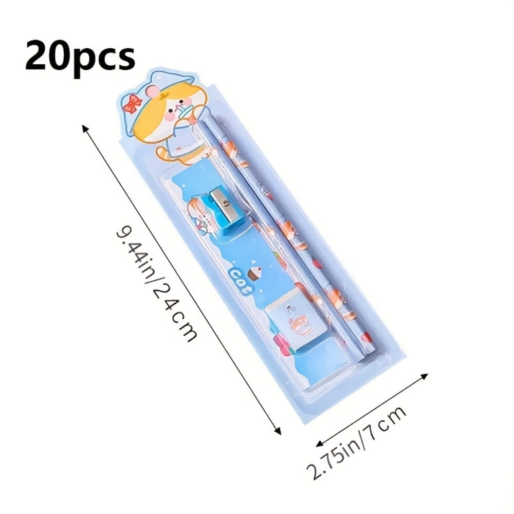 20-Piece Cartoon Pencil Stationery Set with Ruler Eraser Sharpener, Random Cartoon Styles, Kids School Supplies, Party Favor Prizes
