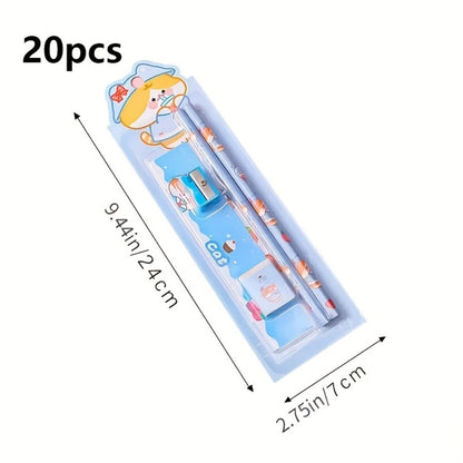 20-Piece Cartoon Pencil Stationery Set with Ruler Eraser Sharpener, Random Cartoon Styles, Kids School Supplies, Party Favor Prizes