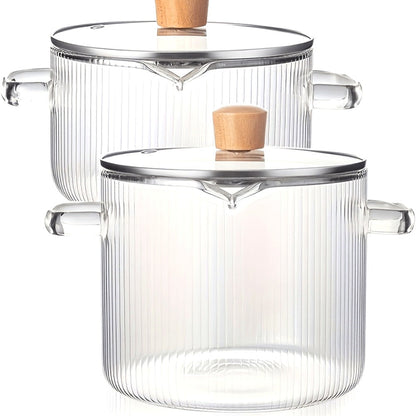 Ribbed Transparent Glass Cooking Pot with Lid in 60.87oz or 77.77oz Sizes, Clear Side Handles and Pouring Spout
