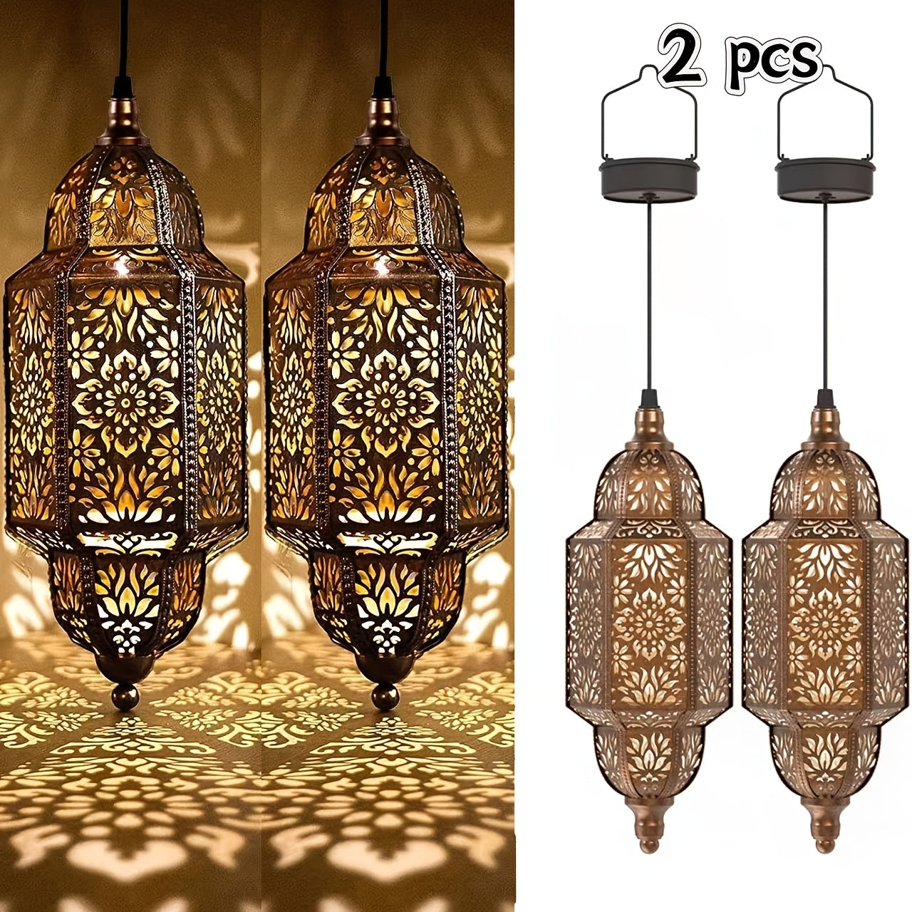 Solar Lanterns Outdoor 2 Pack Moroccan Cut-Out Design Garden Pathway Patio Lantern Lights Gold Purple White Copper