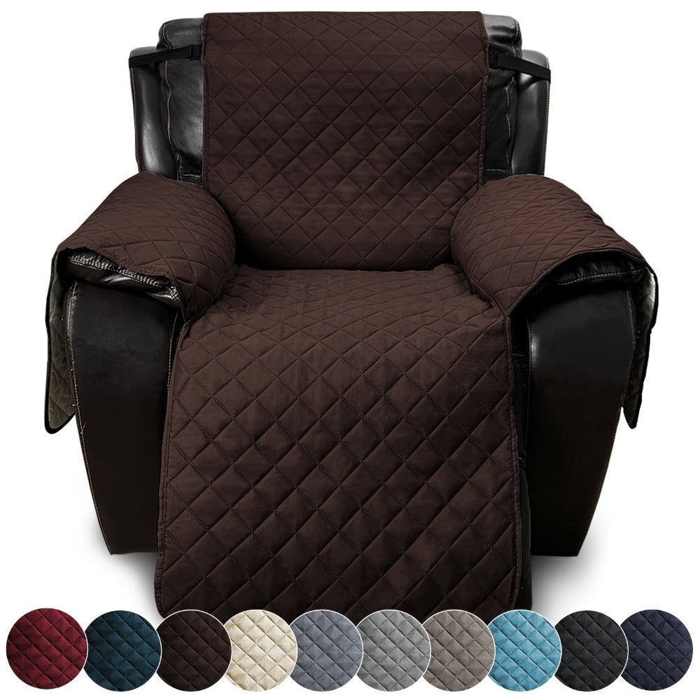 One-Piece Quilted Recliner Chair Cover with Wide Arm Wings, Back Strap and Eight Color Options