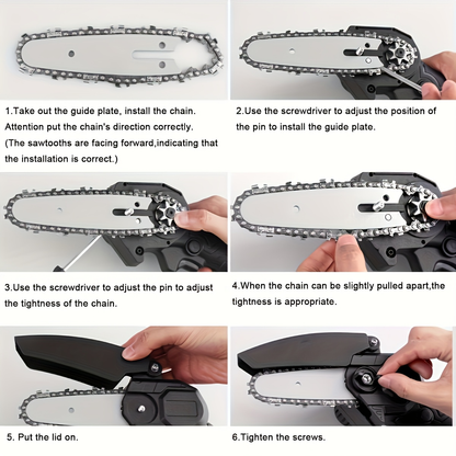 Electric Mini Chainsaw 6-Inch with Debris Guard & Toolbox - Cordless Handheld Pruning Saw with Safety Lock