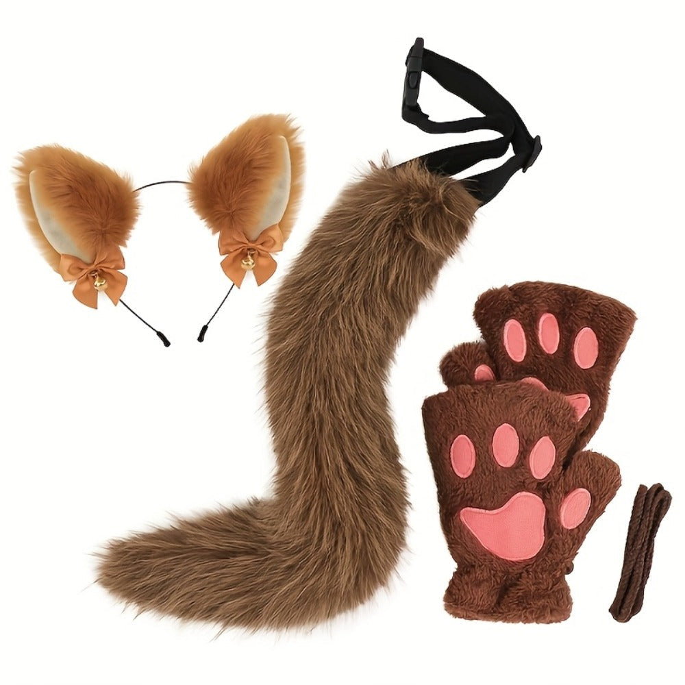 Cat Costume Set 3 Piece, Bell Ear Headband, Plush Paw Gloves & Adjustable Tail for Halloween, Cosplay