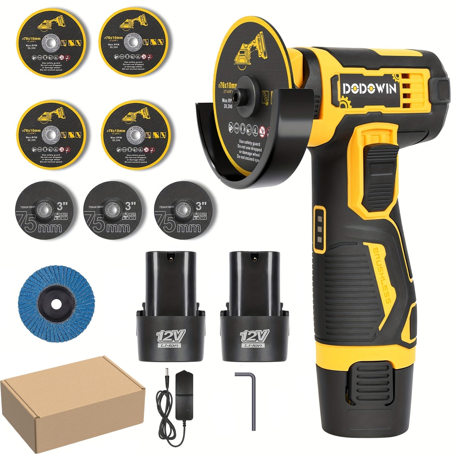 Power Tools DODOWIN 12V Mini Cordless Angle Grinder with 19, 500 and 5, 000 RPM Modes and Battery Options