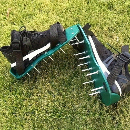 Lawn Aerator Shoe Pair with Green Platforms, Adjustable Black Straps and Spiked Soles for Walking Use