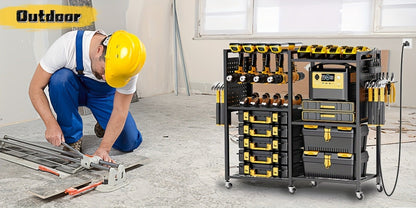 Mobile Tool Cart with Charging Station, 12 Drill Holders & 5 Storage Shelves Power Tool Organizer