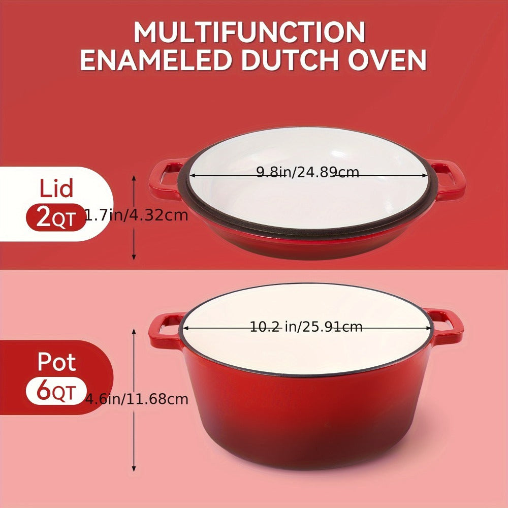 6QT Enameled Cast Iron Dutch Oven with Reversible 2QT Skillet-Style Lid and Four Color Options