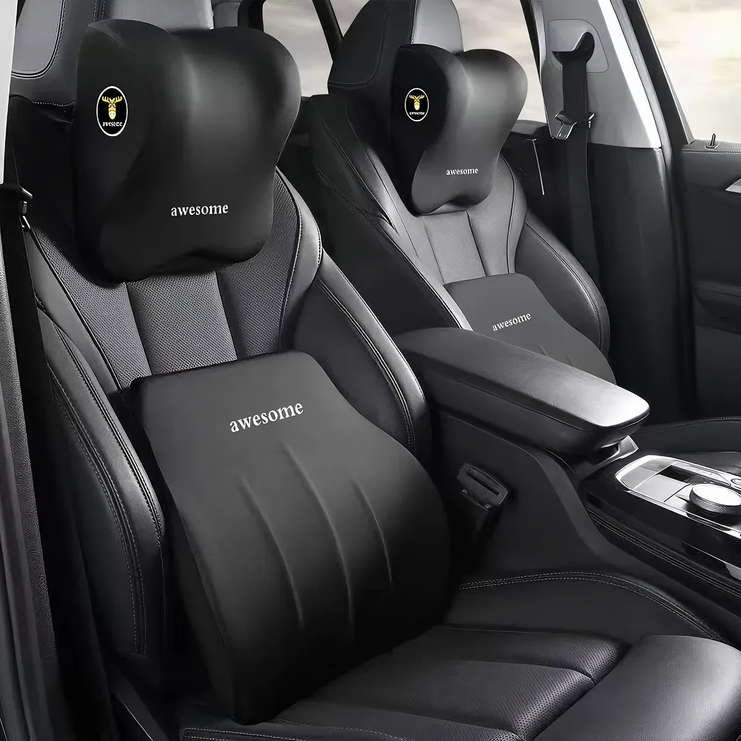Car Neck Pillow and Lumbar Cushion Set in Black with Memory Foam Fill, Straps and 27 x 29cm and 39 x 38cm Sizes