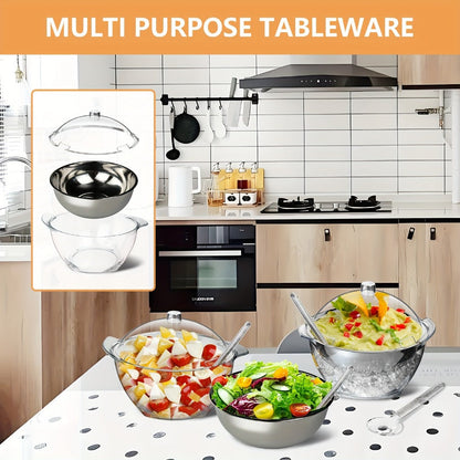 Stainless Steel Ice Chiller Salad Bowl with Lid and Serving Spoons – Large Refrigerated Veggie Fruit Tray with Ice Chiller Base for Party
