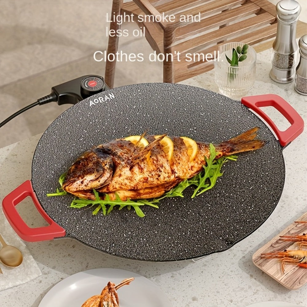 Korean BBQ Grill Pan, Round Non-Stick Multi-Functional Electric Grill Pan with Red Handle & Adjustable Settings