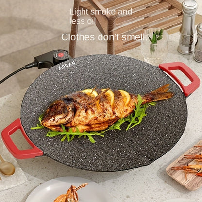 Korean BBQ Grill Pan, Round Non-Stick Multi-Functional Electric Grill Pan with Red Handle & Adjustable Settings