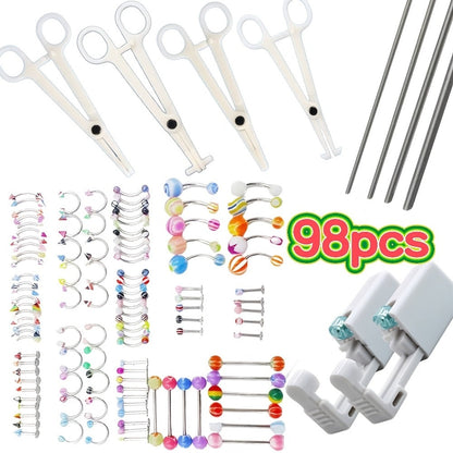 Body Piercing Kit 98pcs Stainless Steel - Bulk Piercing Set with Clamps, Needles, Lip Rings, Tongue Barbells