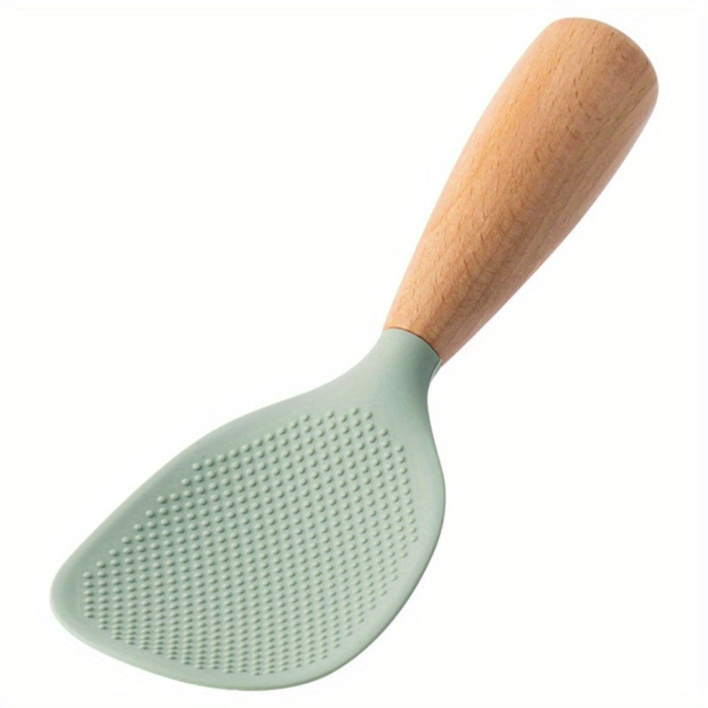 Silicone Rice Spatula Serving Spoon 2 Pack Wooden Handle Heat Resistant Durable Standing for Home Cooking, Dining and Outdoor Meals