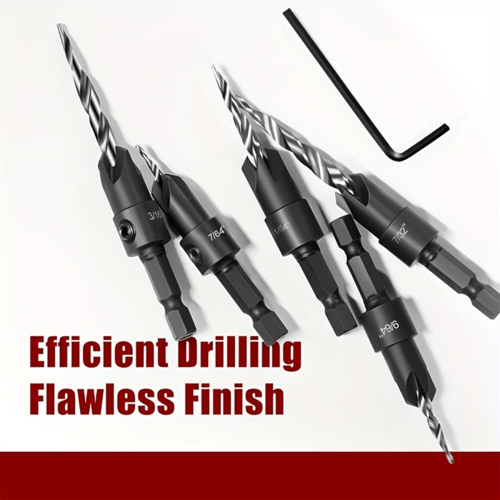 5pcs Countersink Drill Bit Set #4 #6 #8 #10 #12 Tapered with 1/4" Hex Shank Quick-Change for Entryways, Bedrooms and Living Spaces