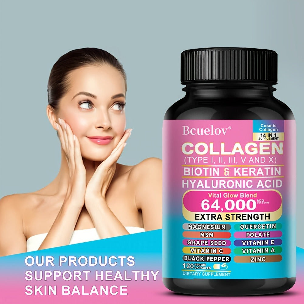 Collagen Capsules Types I II III V X with Biotin Keratin Hyaluronic Acid, Supports Skin Elasticity Hair Growth & Nail Strength