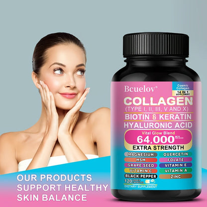 Collagen Capsules Types I II III V X with Biotin Keratin Hyaluronic Acid, Supports Skin Elasticity Hair Growth & Nail Strength