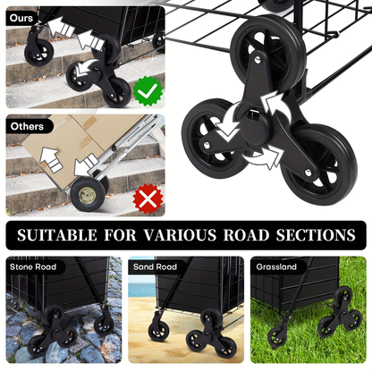 Stair Climbing Cart 8 Wheels 100 LBS Capacity Collapsible Utility Cart Foldable Grocery Dolly with Dual Basket Stainless Steel Frame