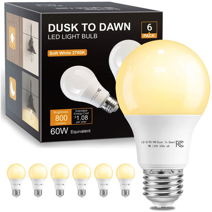 Dusk to Dawn Light Bulb A19 9W 800 Lumens 60W Equivalent with Auto On Off Photocell Sensor – E26 Base Soft White 2700K & Daylight 5000K 80+