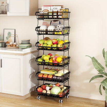 6-Tier Stackable Metal Wire Storage Basket Organizer with Wheels – Rolling Kitchen Pantry Rack for Fruits Vegetables Utensils