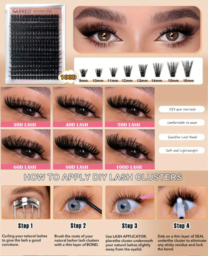 100D Volume Cluster Lashes DIY Individual Lash Extension Kit – Soft Reusable Single Clusters for Full Thick Dramatic Lash Look