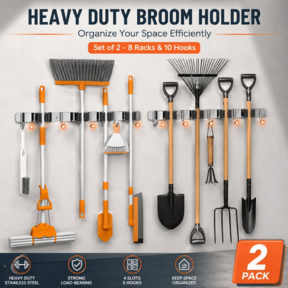 Wall Mounted Broom & Mop Holder – 304 Stainless Steel Broom Organizer with 4 Racks & 5 Hooks – Rustproof Non-Slip Wall Broom Hanger