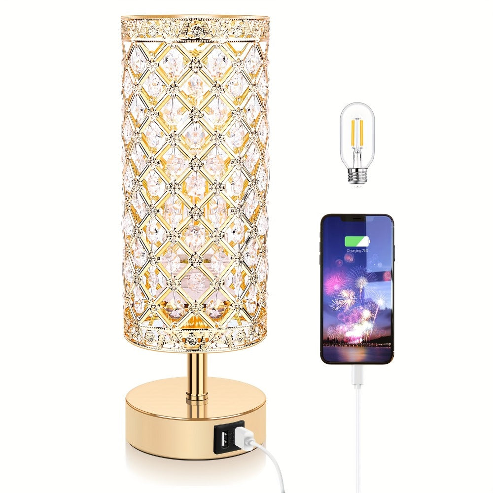 Crystal Cylinder Bedside Table Lamp with Dual USB Ports in Three Finishes and One- or Two-Pack Options