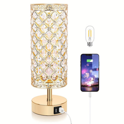 Crystal Cylinder Bedside Table Lamp with Dual USB Ports in Three Finishes and One- or Two-Pack Options