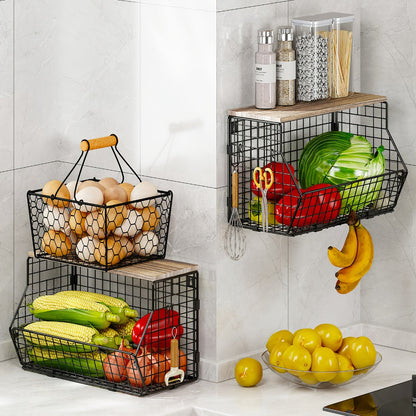 Stackable Metal Wire Fruit Basket with Lid, 1 or 2-Tier Hanging Kitchen Pantry Storage Bin