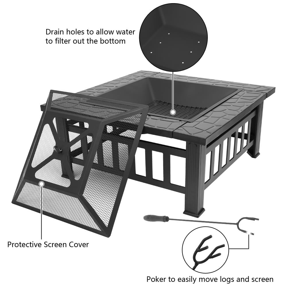 Fire Pit, Square Outdoor Metal BBQ Patio Backyard Camping Fireplace for Grilling, Camping and Outdoor Meals