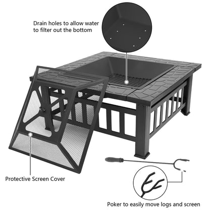 Fire Pit, Square Outdoor Metal BBQ Patio Backyard Camping Fireplace for Grilling, Camping and Outdoor Meals
