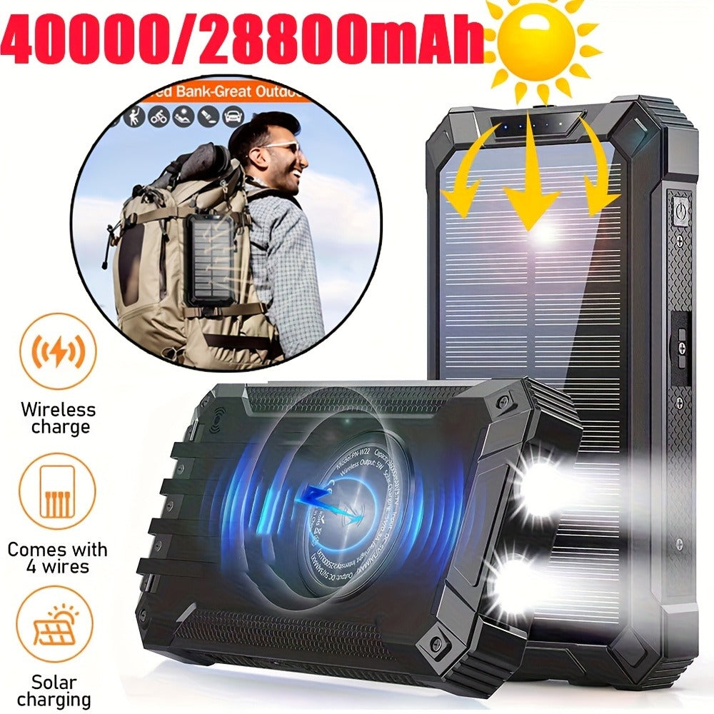 Solar Power Bank 40000mAh with Built-in 4 Cables & 15W Wireless Charging – 6 Outputs 3 Inputs Dual LED Flashlight Portable Charger