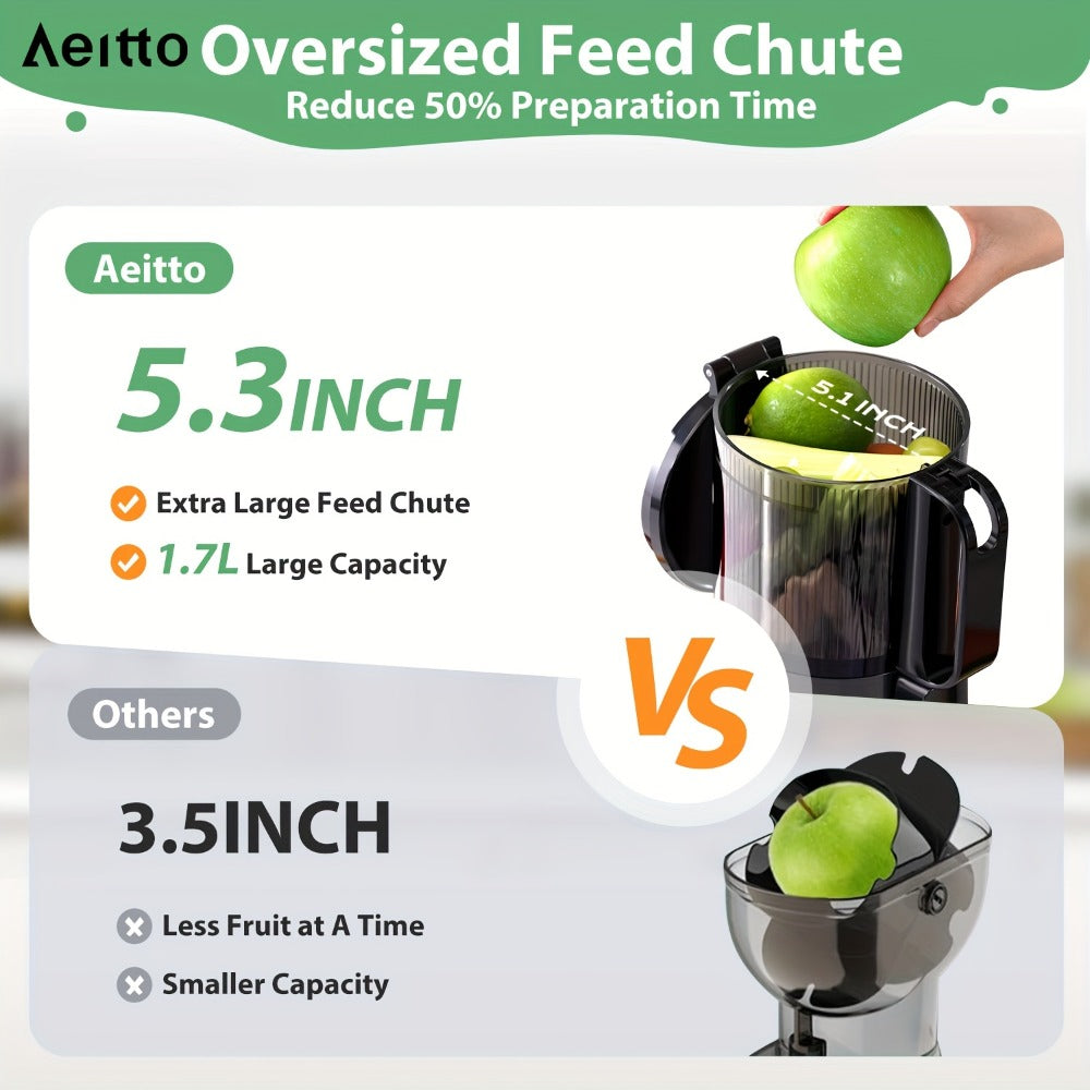 Cold Press Slow Juicer Machine with 5.3-Inch Large Feed Chute - High Juice Yield, Safety Lock, One-Click Cleaning
