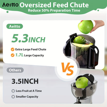 Cold Press Slow Juicer Machine with 5.3-Inch Large Feed Chute - High Juice Yield, Safety Lock, One-Click Cleaning