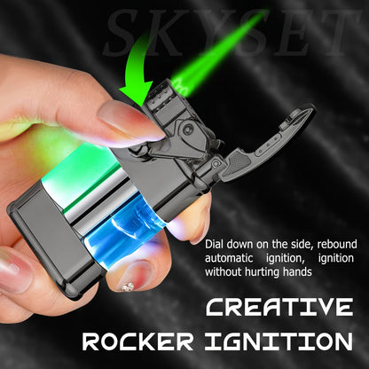 Green Flame Metal Lighter Windproof, Refillable Butane Gas Lighter with Adjustable Flame, Fuel Window & Rocker Arm Ignition